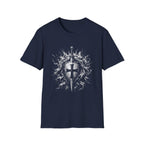 Medieval Crusader Knight Sword And Shield With Flaming Cross Emblem Fantasy Warrior Art T-Shirt