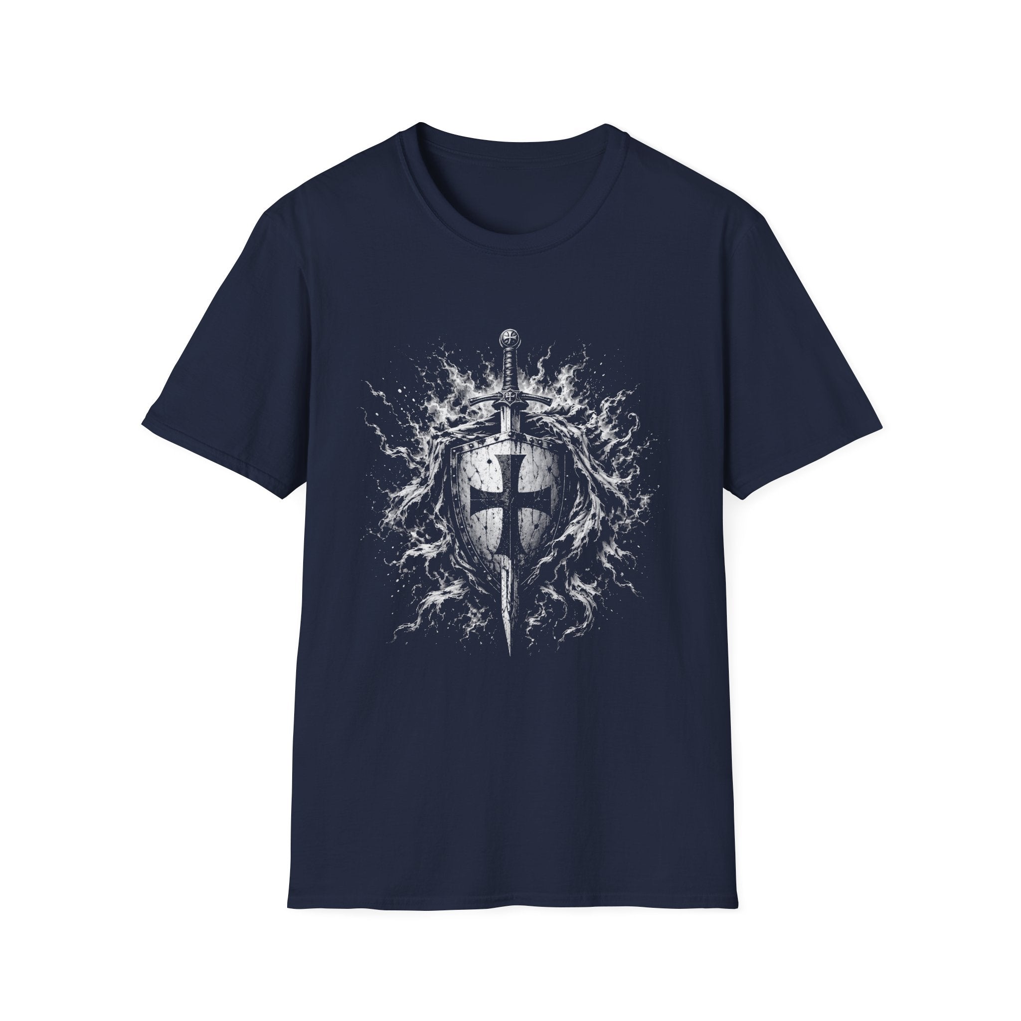 Medieval Crusader Knight Sword And Shield With Flaming Cross Emblem Fantasy Warrior Art T-Shirt