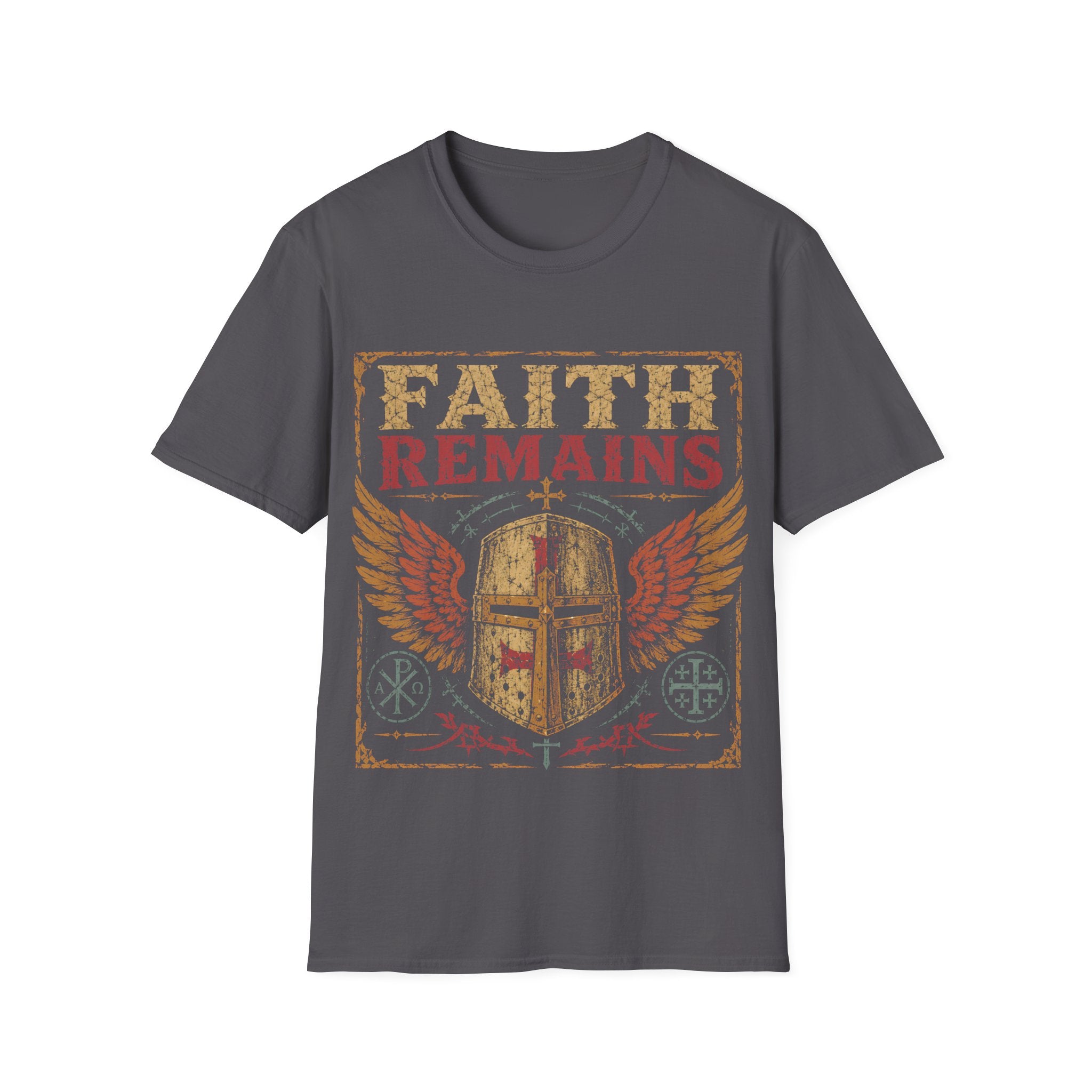 Faith Remains Crusader Helmet With Wings Christian Warrior Cross Vintage Medieval Art Style T-Shirt