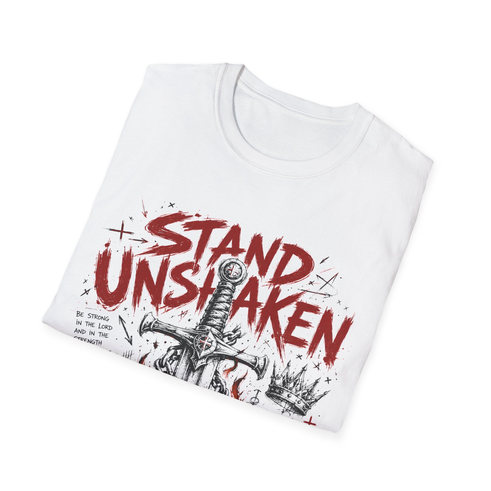 Stand Unshaken Christian Warrior Sword Cross Armor Faith Over Fear Bible Verse Ephesians 6 Isaiah 54 T-Shirt