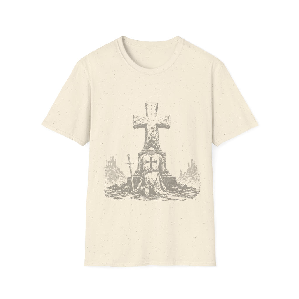 Medieval Crusader Knight Kneeling In Prayer At Cross Christian Warrior Faith T-Shirt