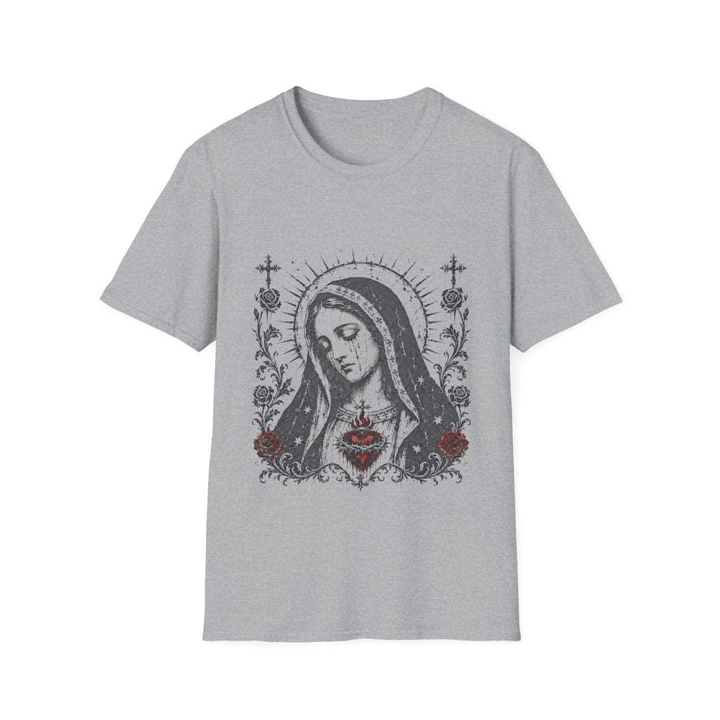 Virgin Mary Sacred Heart Gothic Catholic Dark Mother Mary Icon With Roses And Halo T-Shirt