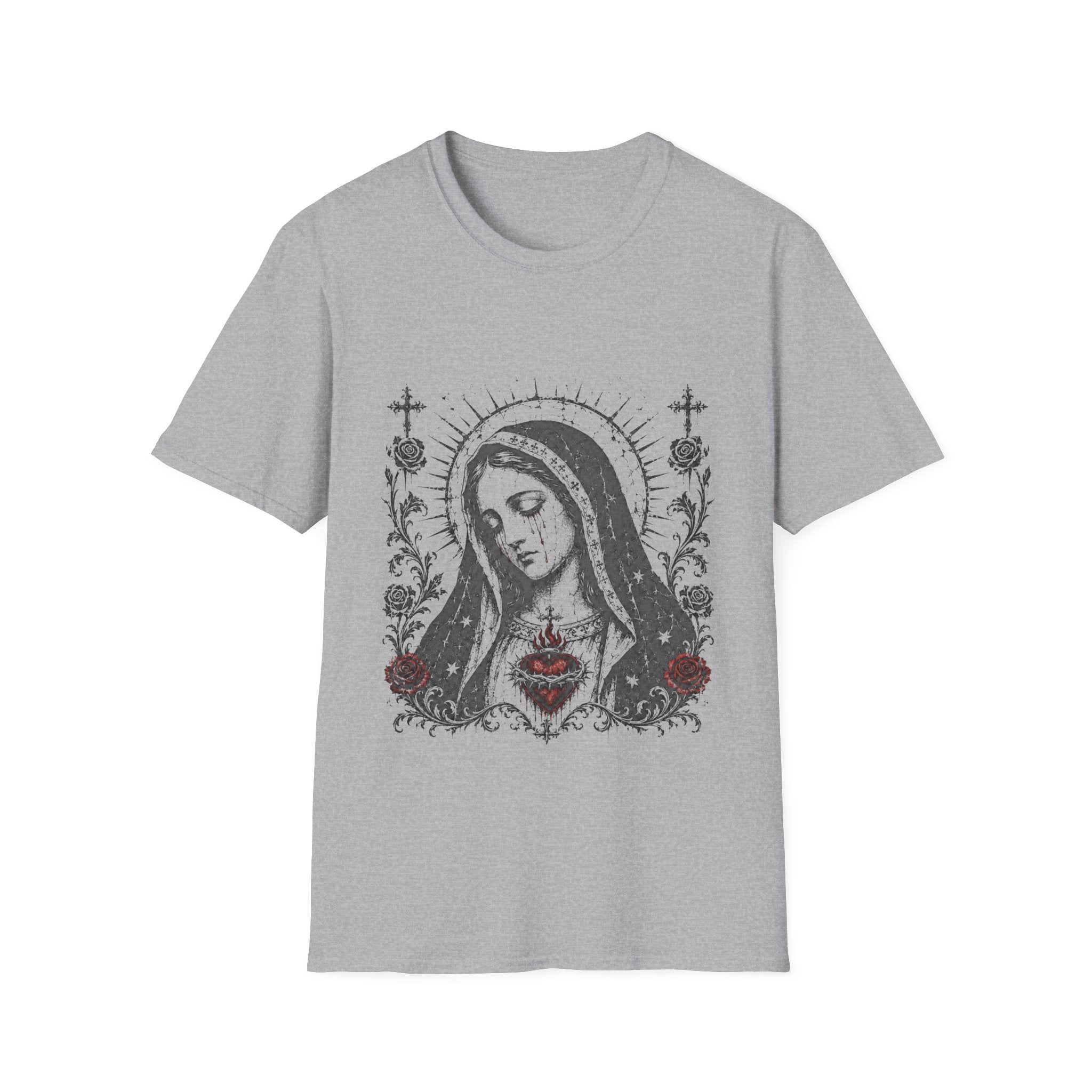 Virgin Mary Sacred Heart Gothic Catholic Dark Mother Mary Icon With Roses And Halo T-Shirt