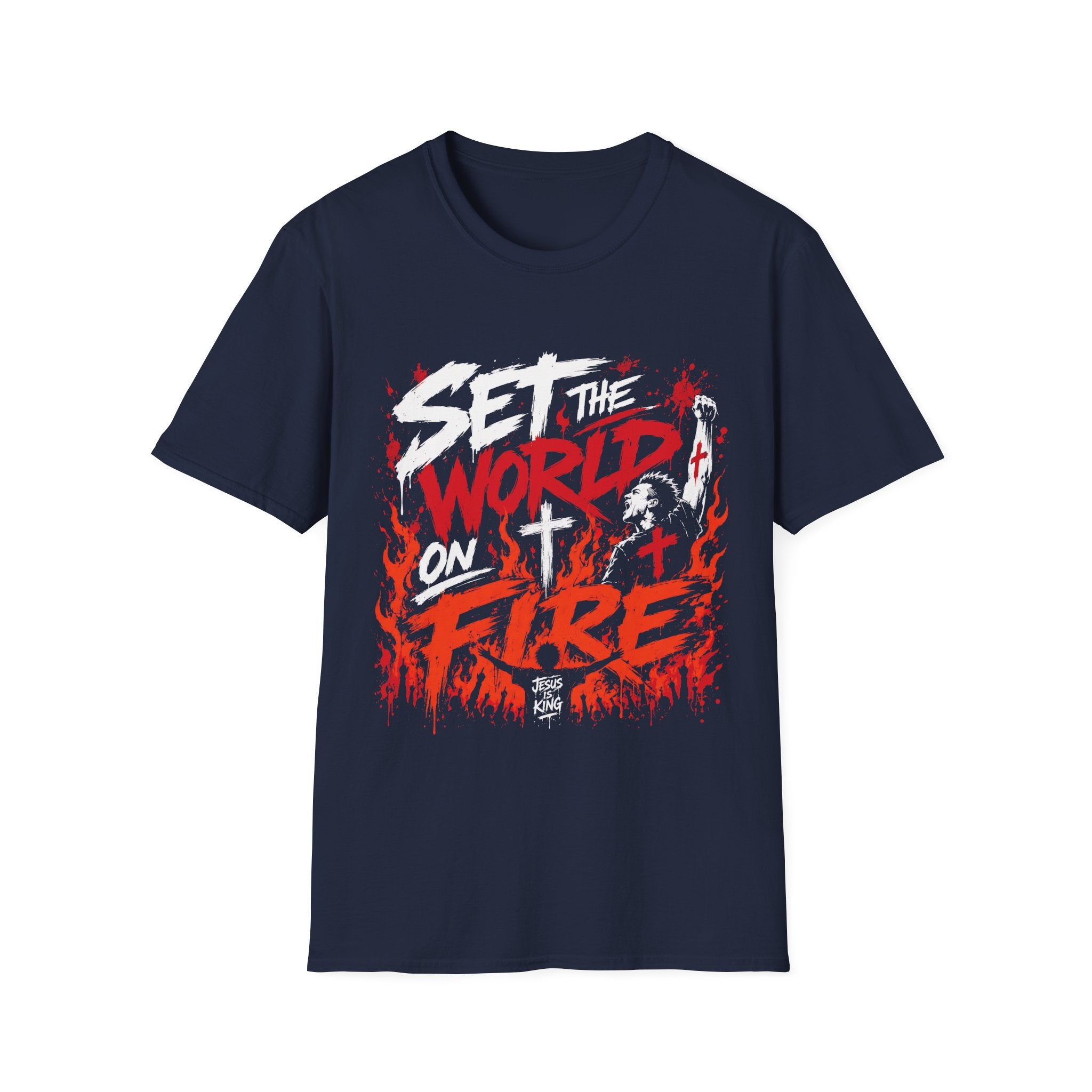 Set The World On Fire Jesus Is King Christian Revival Youth Ministry Evangelism Art T-Shirt