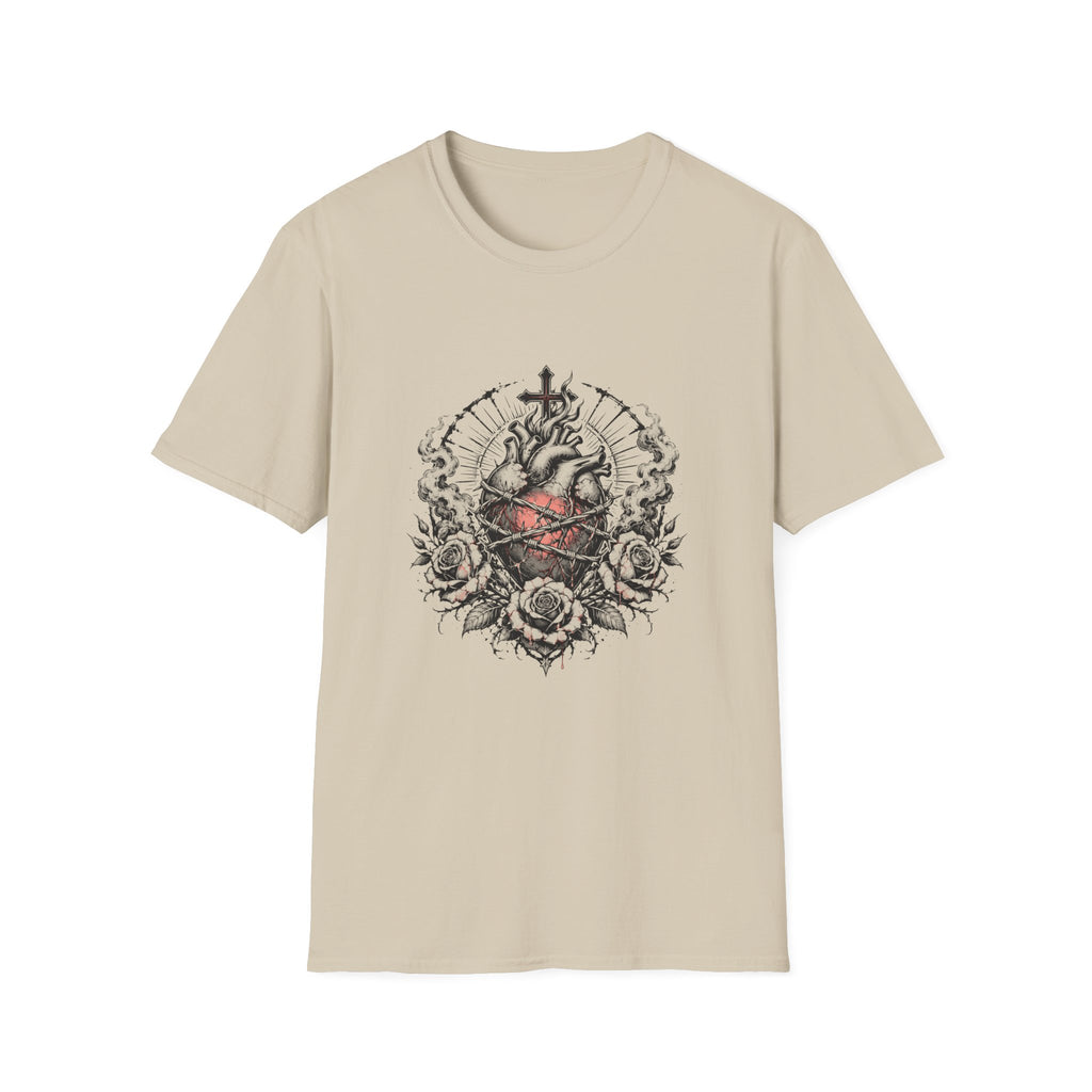 Sacred Heart Barbed Wire Cross Dark Roses Anatomical Heart T-Shirt