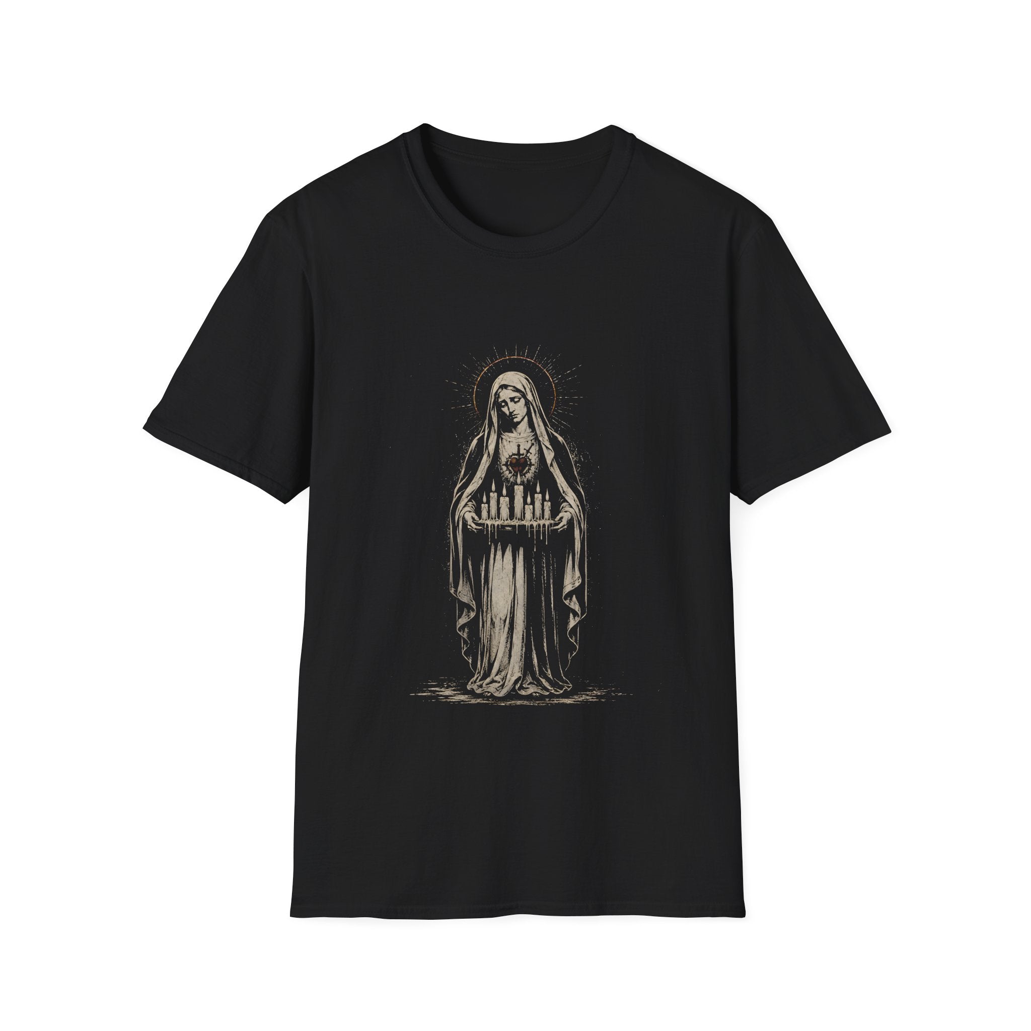 Sacred Heart Madonna With Prayer Candles Gothic Catholic Mary Icon T-Shirt