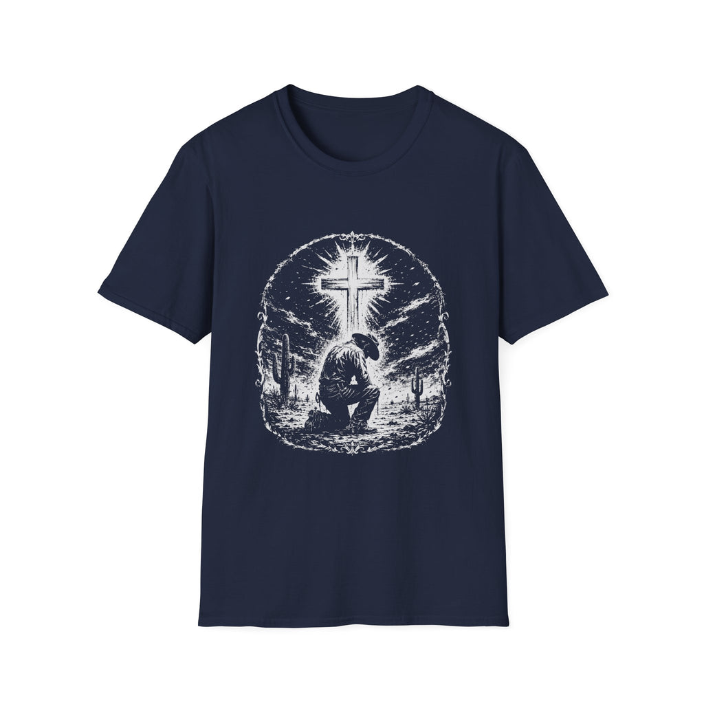 Cowboy Kneeling In Prayer Under Radiant Cross Western Christian Faith Desert Spiritual Scene T-Shirt