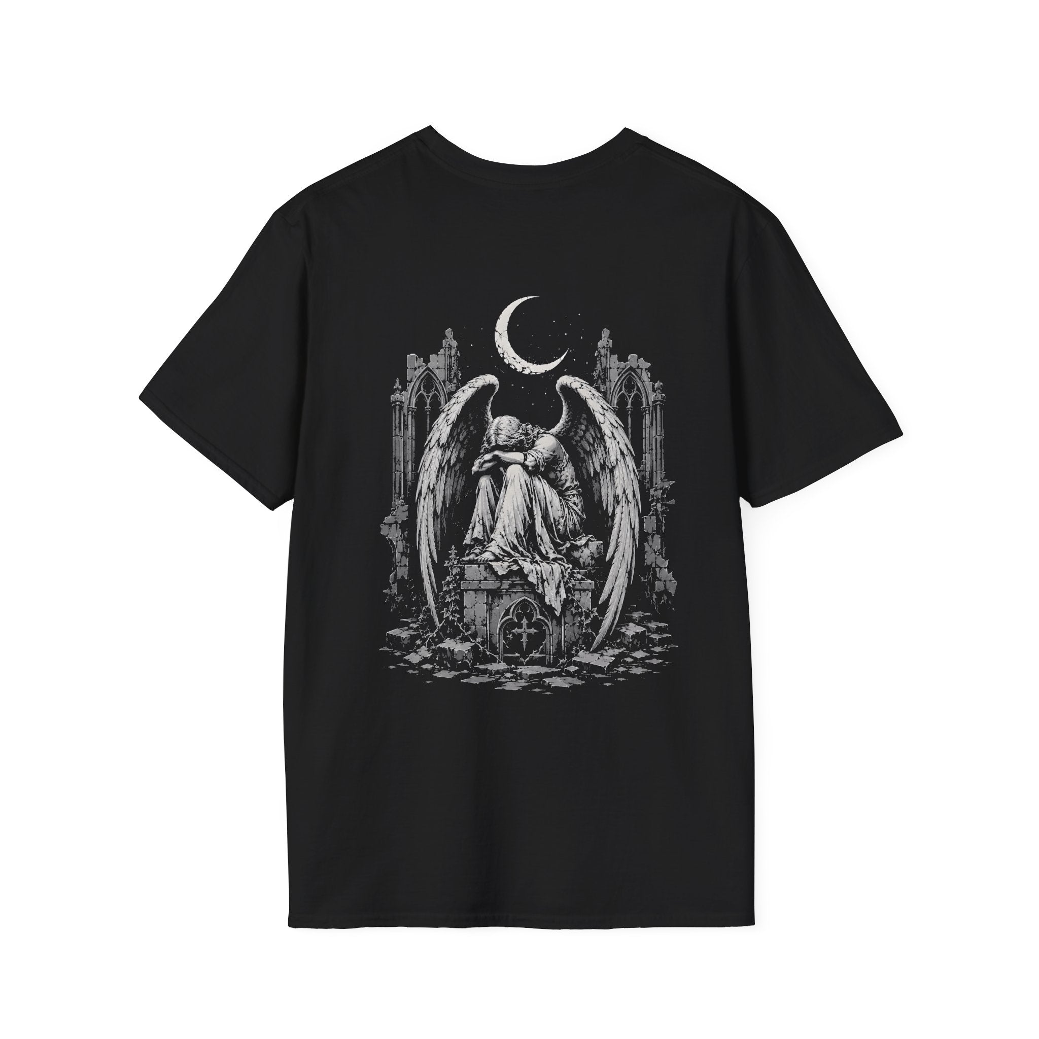 BACKPRINT Gothic Weeping Angel Under Crescent Moon In Ruined Cathedral Dark Fallen Angel BACKPRINT T-Shirt