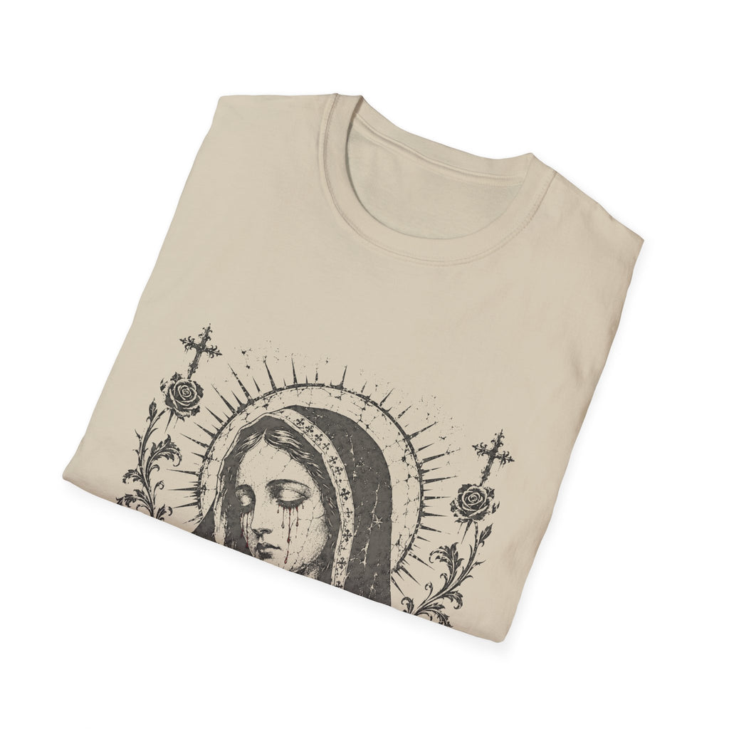 Virgin Mary Sacred Heart Gothic Catholic Dark Mother Mary Icon With Roses And Halo T-Shirt