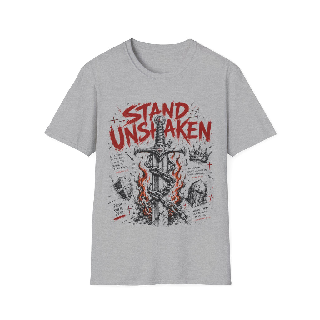 Stand Unshaken Christian Warrior Sword Cross Armor Faith Over Fear Bible Verse Ephesians 6 Isaiah 54 T-Shirt
