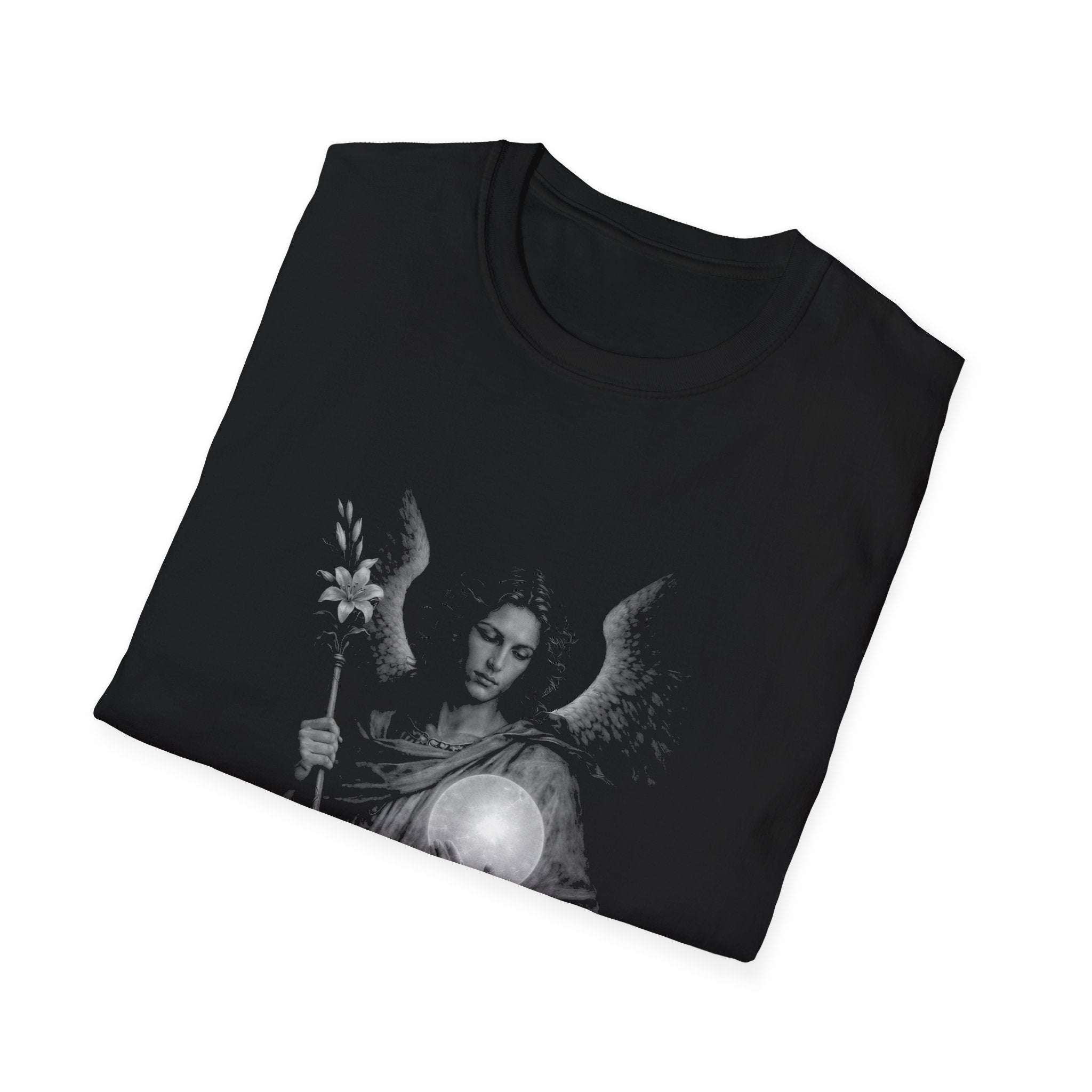 Archangel guardian with moon orb and white lily spiritual angelic symbol for gothic aesthetic lovers T-Shirt