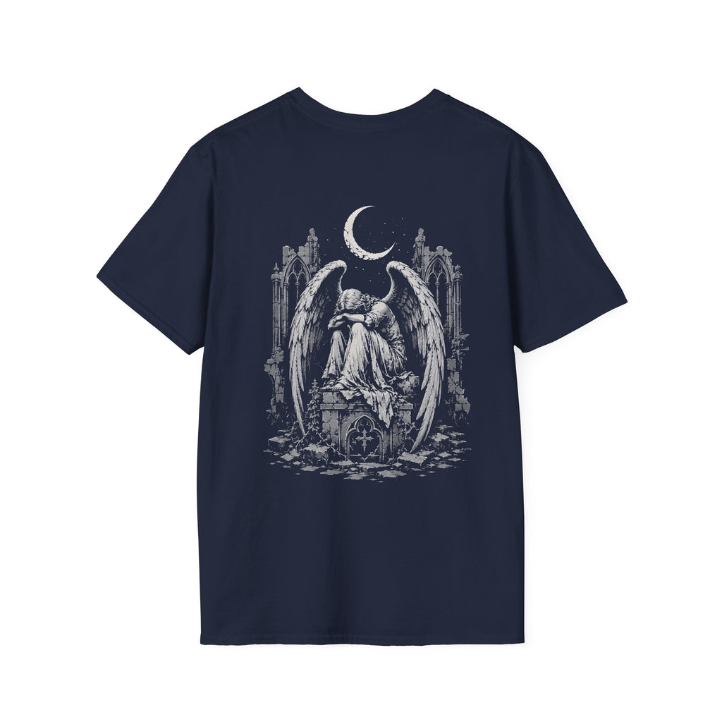 BACKPRINT Gothic Weeping Angel Under Crescent Moon In Ruined Cathedral Dark Fallen Angel BACKPRINT T-Shirt