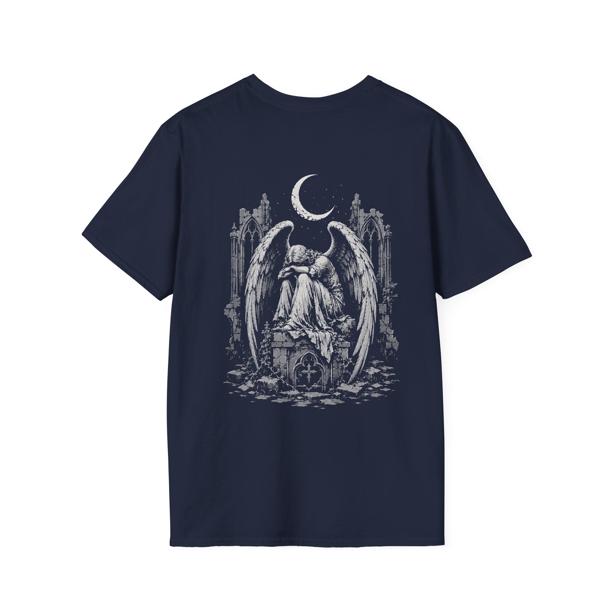 BACKPRINT Gothic Weeping Angel Under Crescent Moon In Ruined Cathedral Dark Fallen Angel BACKPRINT T-Shirt