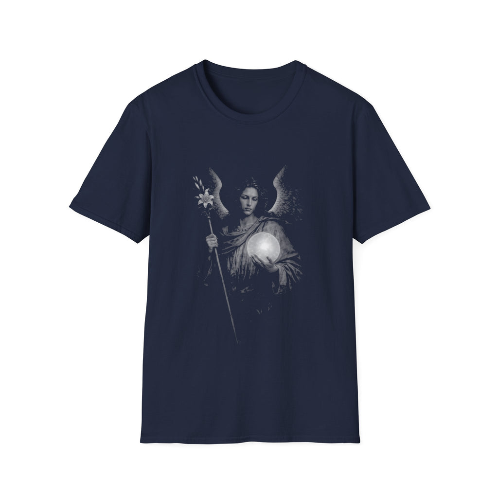 Archangel guardian with moon orb and white lily spiritual angelic symbol for gothic aesthetic lovers T-Shirt