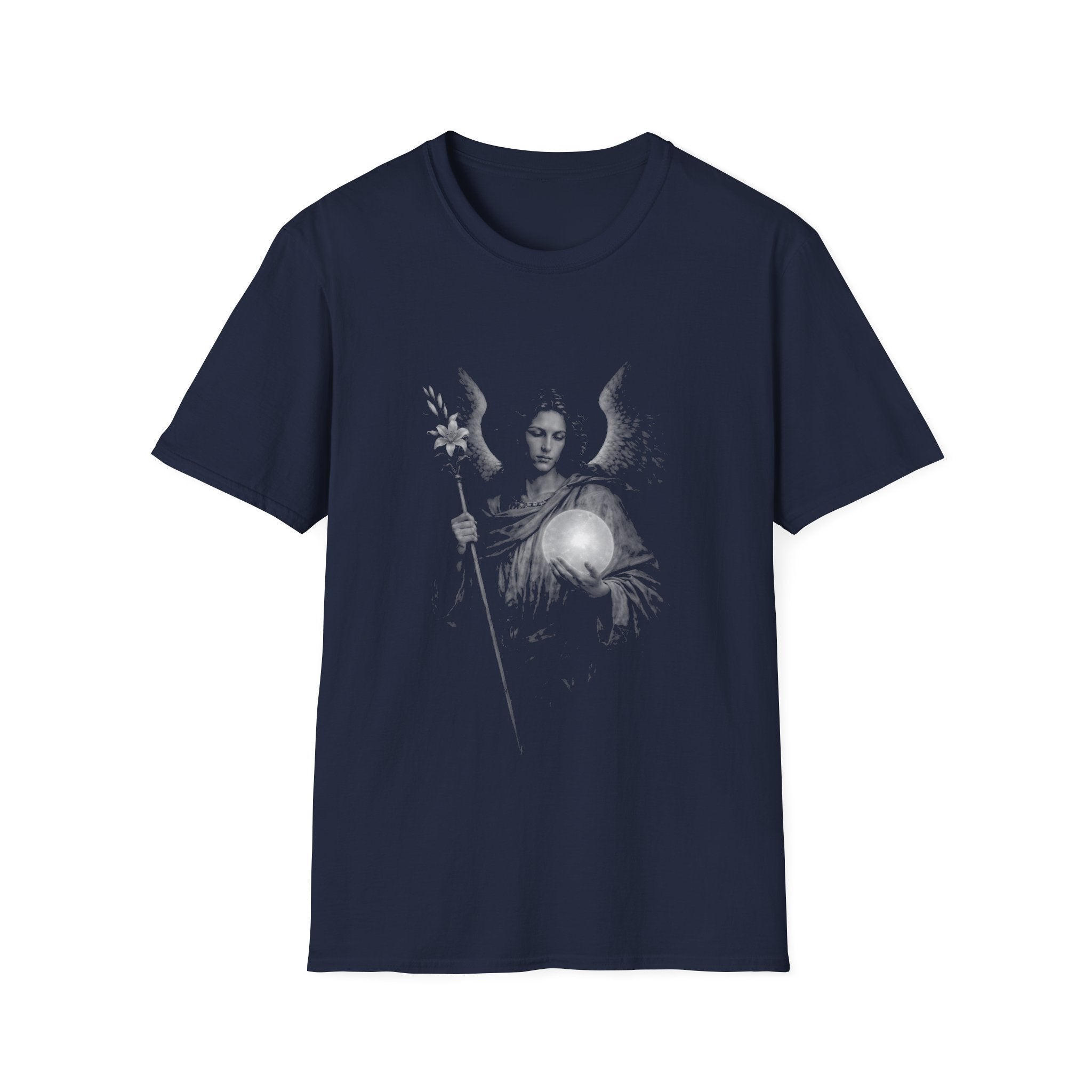 Archangel guardian with moon orb and white lily spiritual angelic symbol for gothic aesthetic lovers T-Shirt