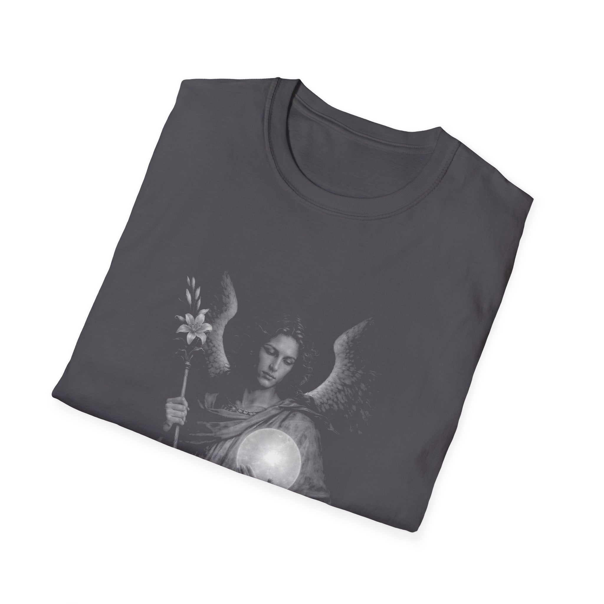 Archangel guardian with moon orb and white lily spiritual angelic symbol for gothic aesthetic lovers T-Shirt
