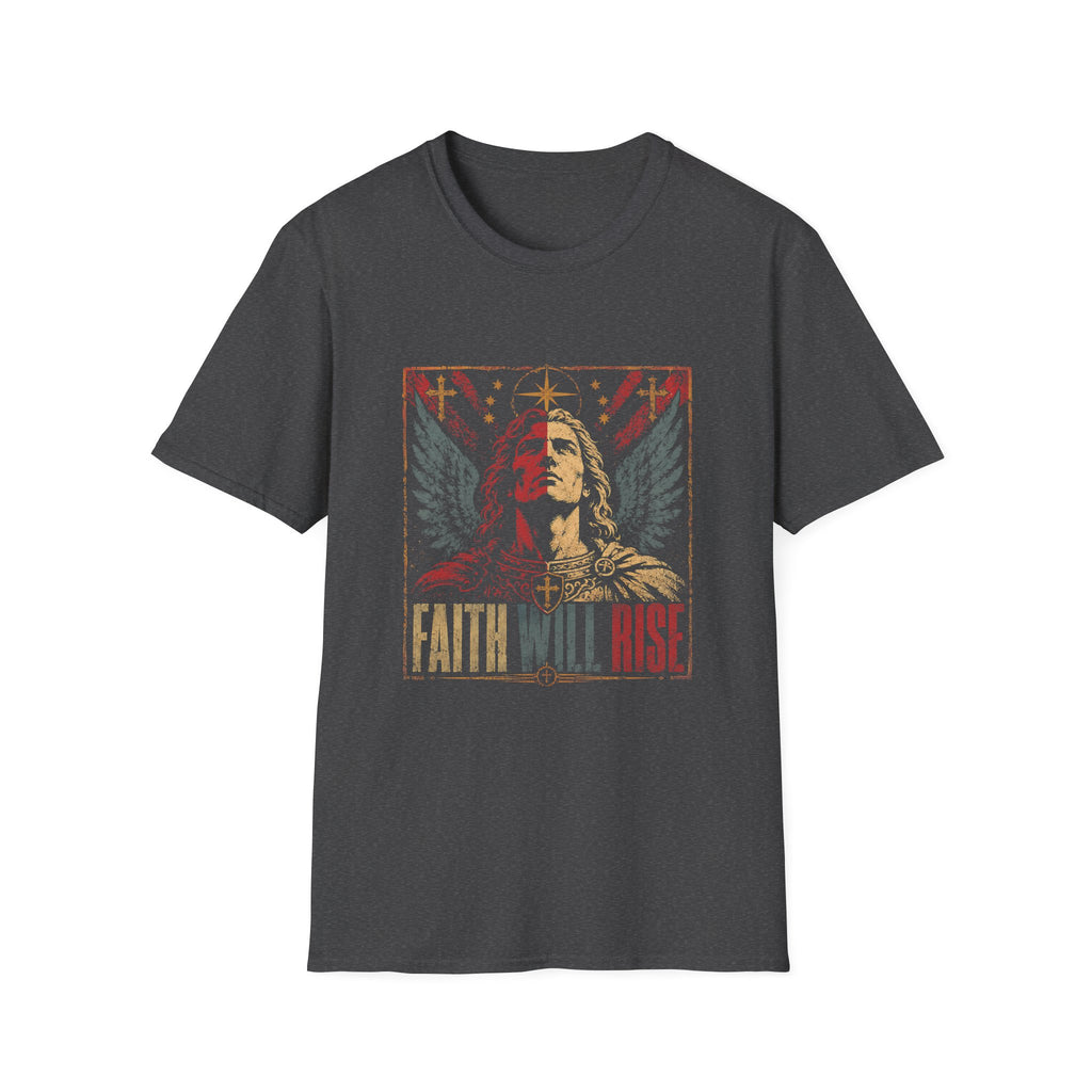 Faith Will Rise Christian Angel Warrior With Wings Cross Symbol And Spiritual Battle Power T-Shirt