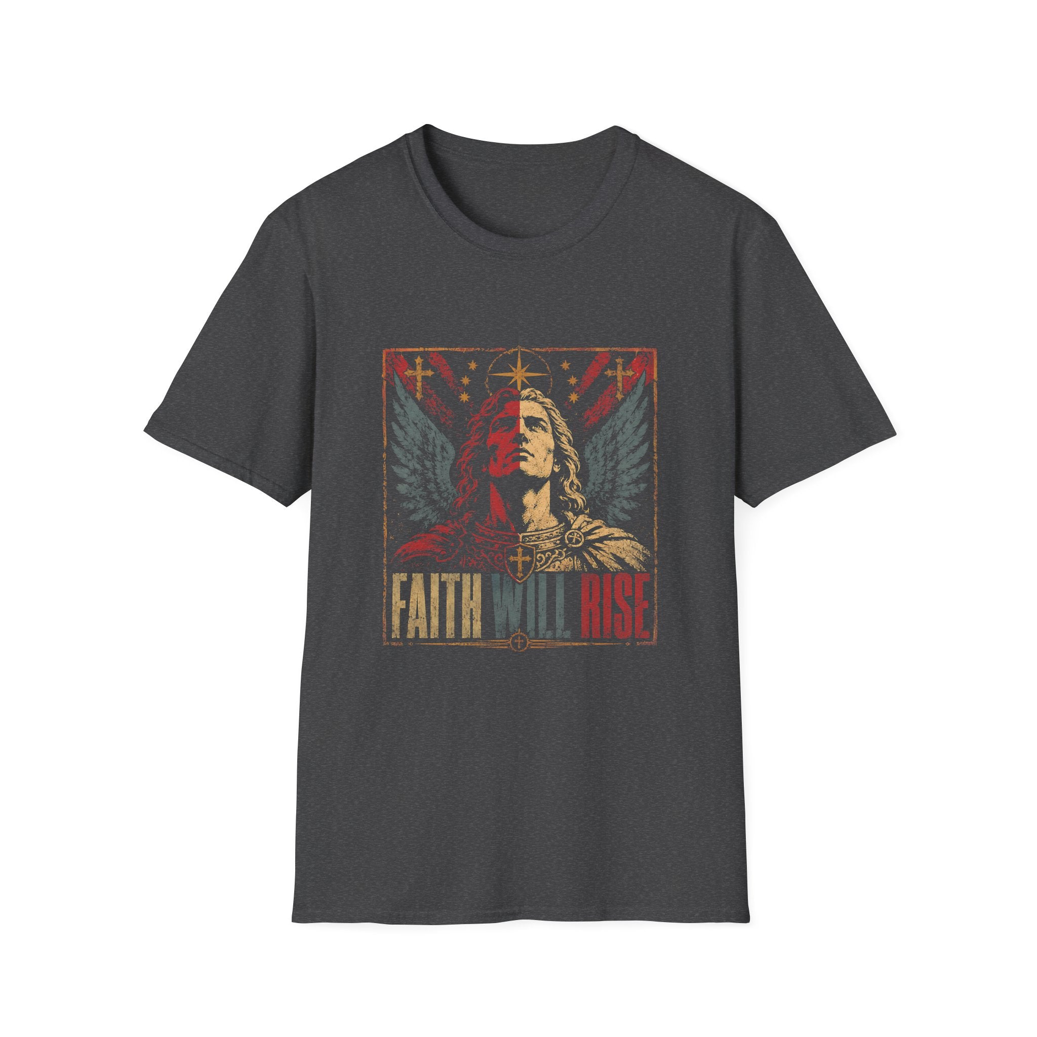 Faith Will Rise Christian Angel Warrior With Wings Cross Symbol And Spiritual Battle Power T-Shirt