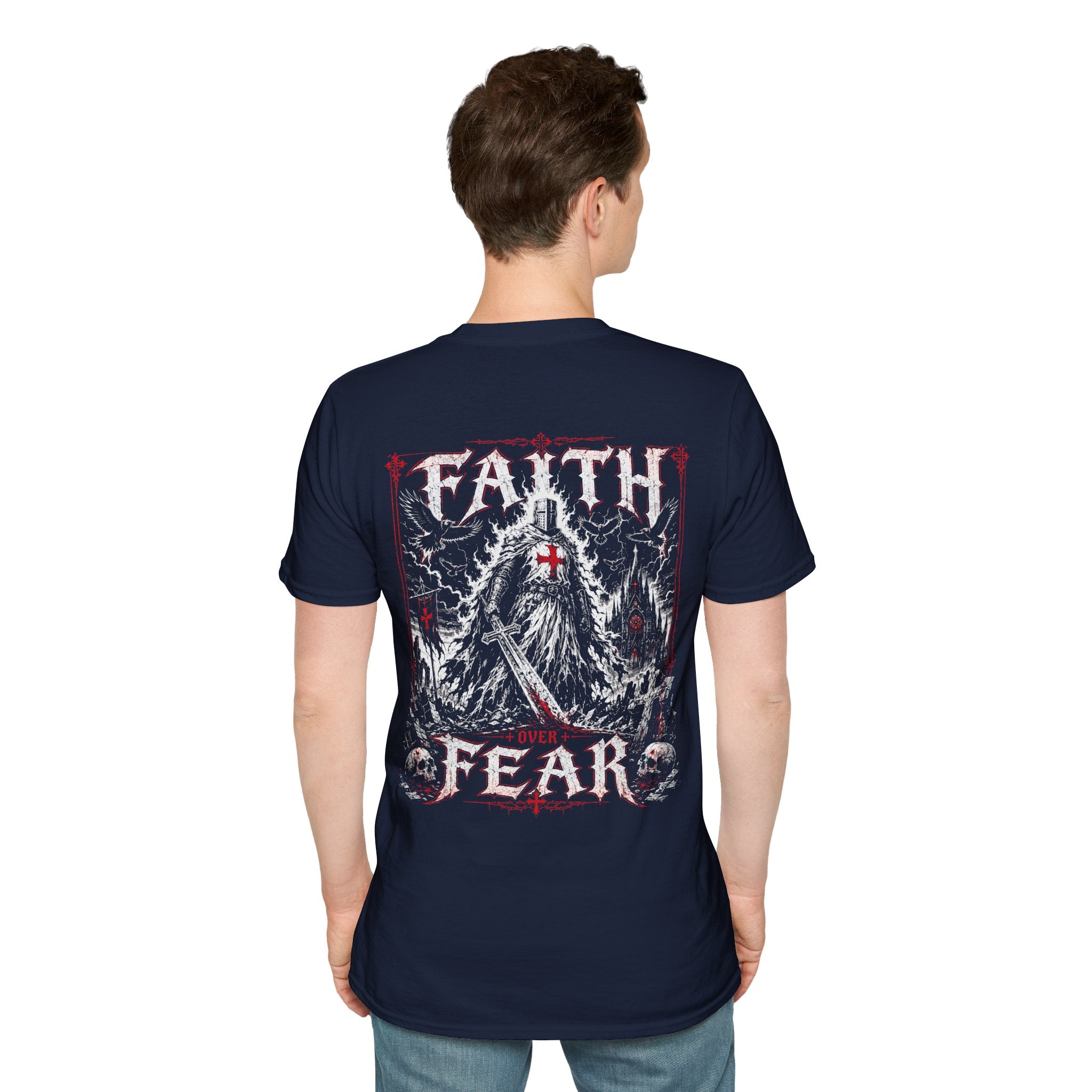 Faith Over Fear Christian Warrior Knight With Cross Storm Gothic Crusader Art Faith Over Fear Scripture Theme T-Shirt