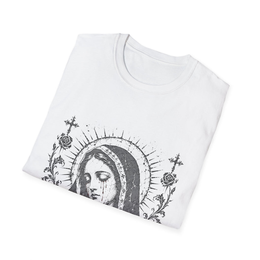 Virgin Mary Sacred Heart Gothic Catholic Dark Mother Mary Icon With Roses And Halo T-Shirt