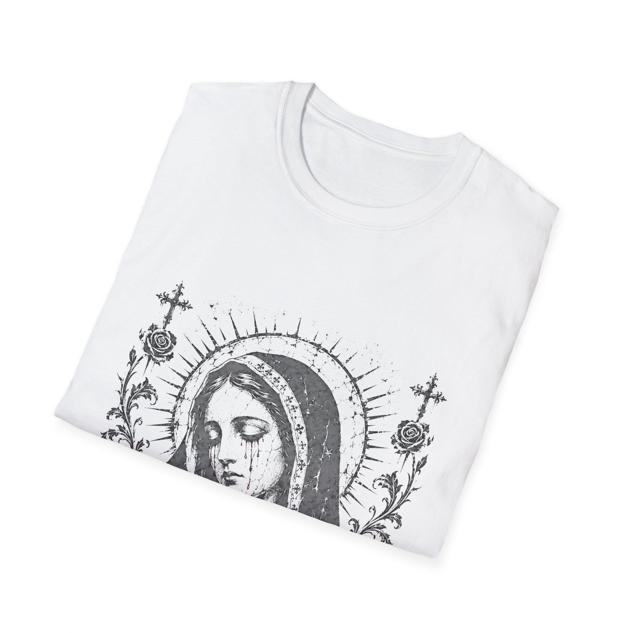 Virgin Mary Sacred Heart Gothic Catholic Dark Mother Mary Icon With Roses And Halo T-Shirt