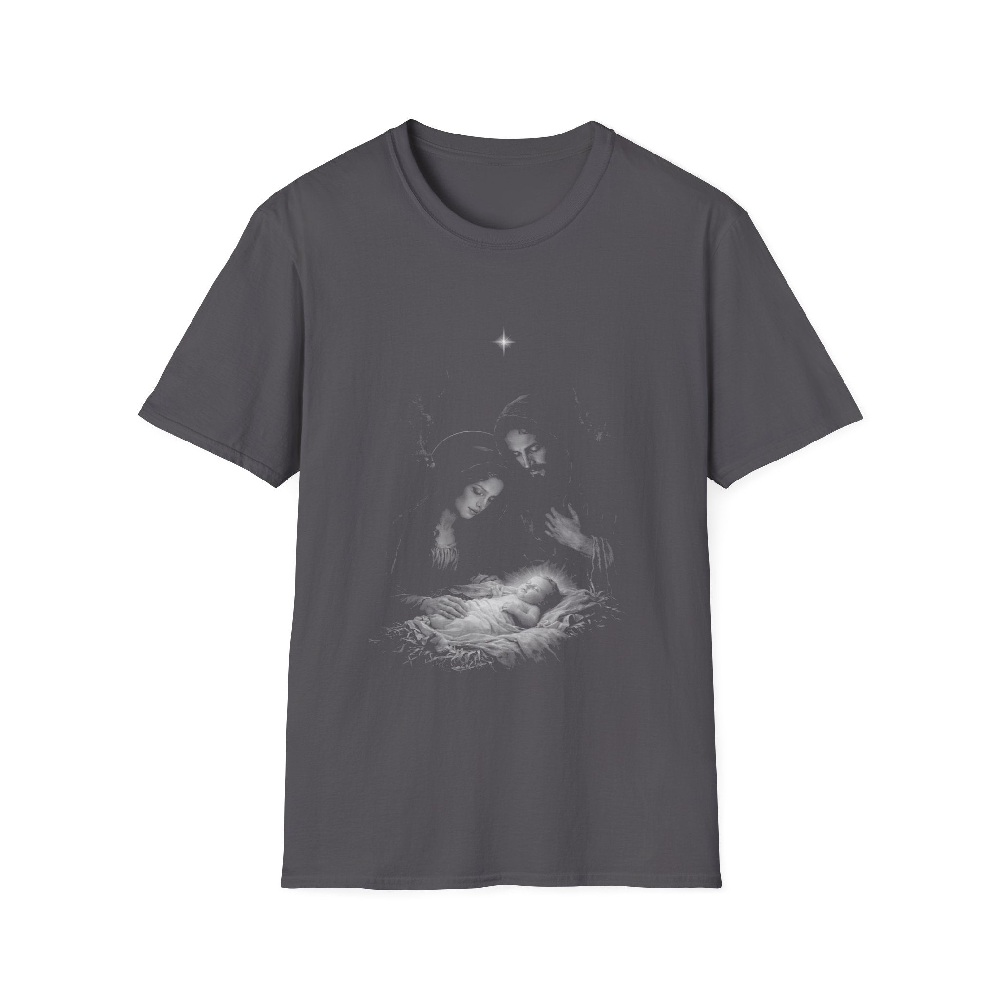 Holy family nativity scene with baby jesus mary joseph and christmas star in the bethlehem manger T-Shirt