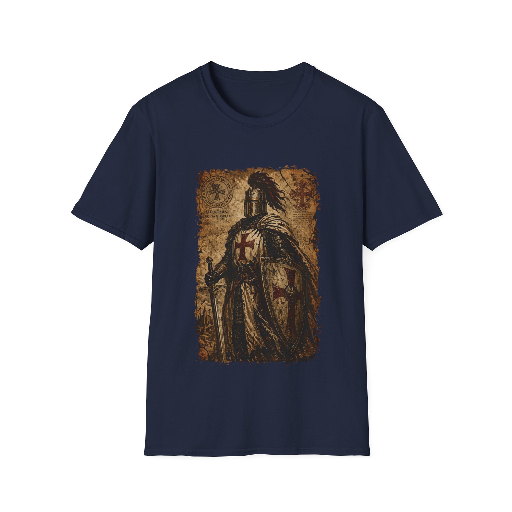Templar Knight Non Nobis Domine Medieval Crusader Cross Shield And Sword Latin Motto Christian Warrior T-Shirt