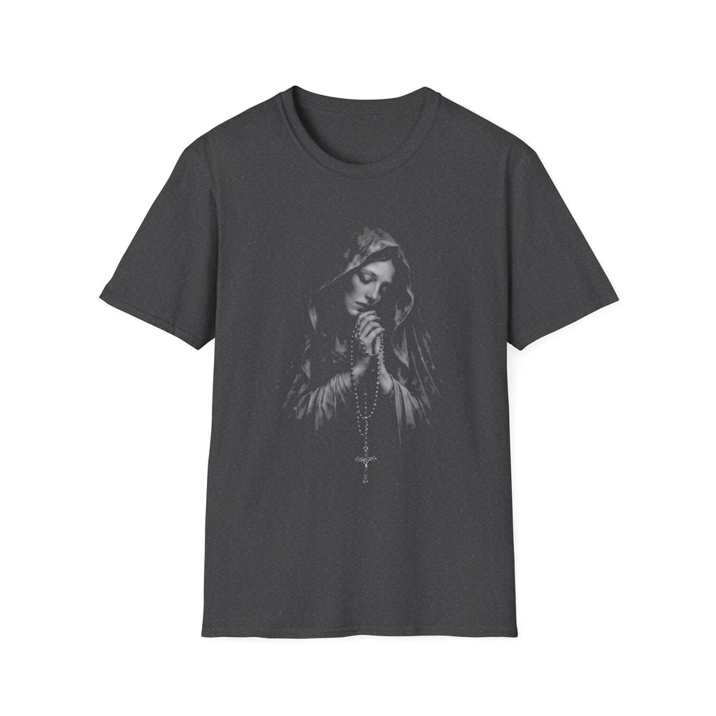 Virgin mary praying with rosary catholic christian marian devotion sacred prayer T-Shirt
