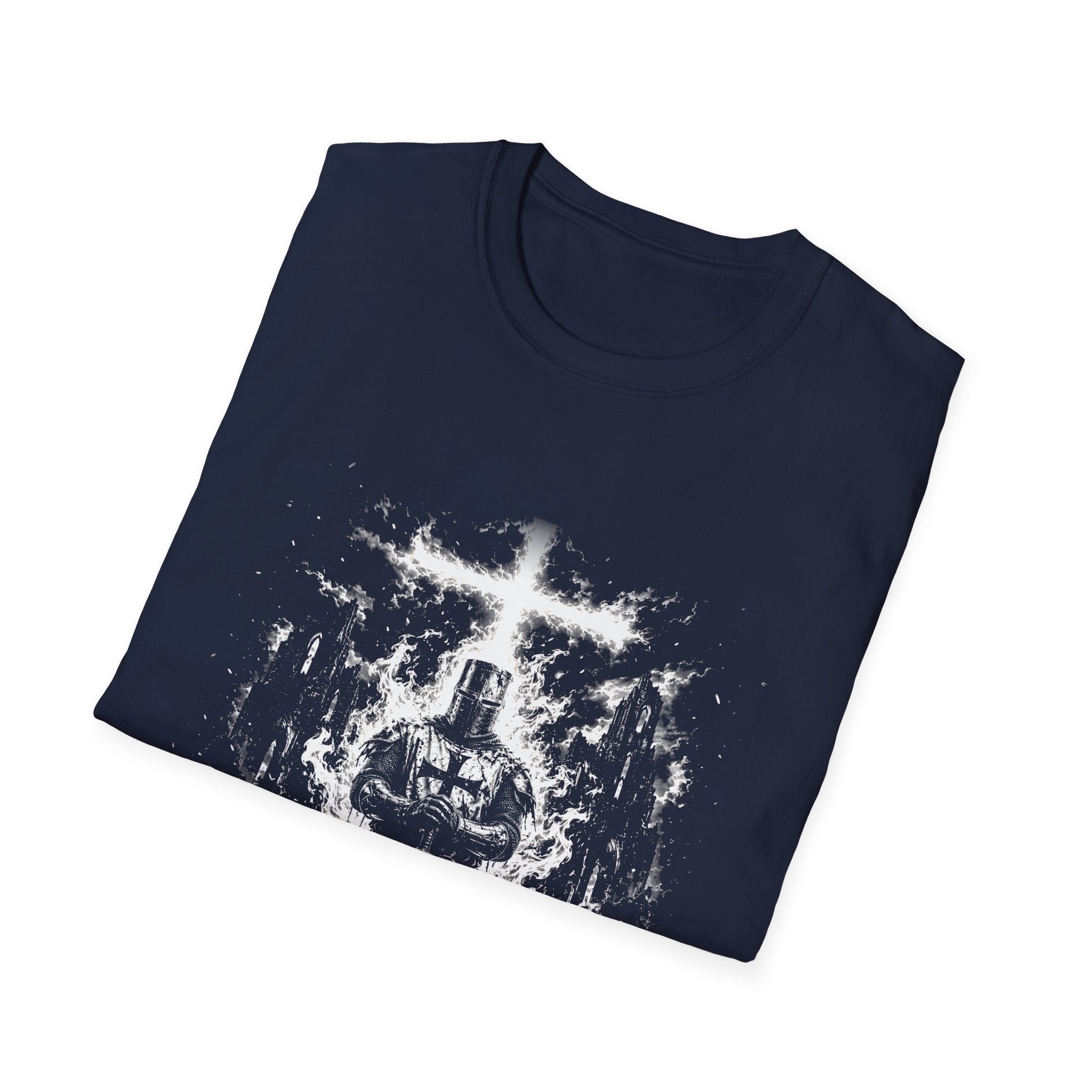 Born Of Fire Christian Knight Cross Crusader Medieval Warrior Faith Flames T-Shirt
