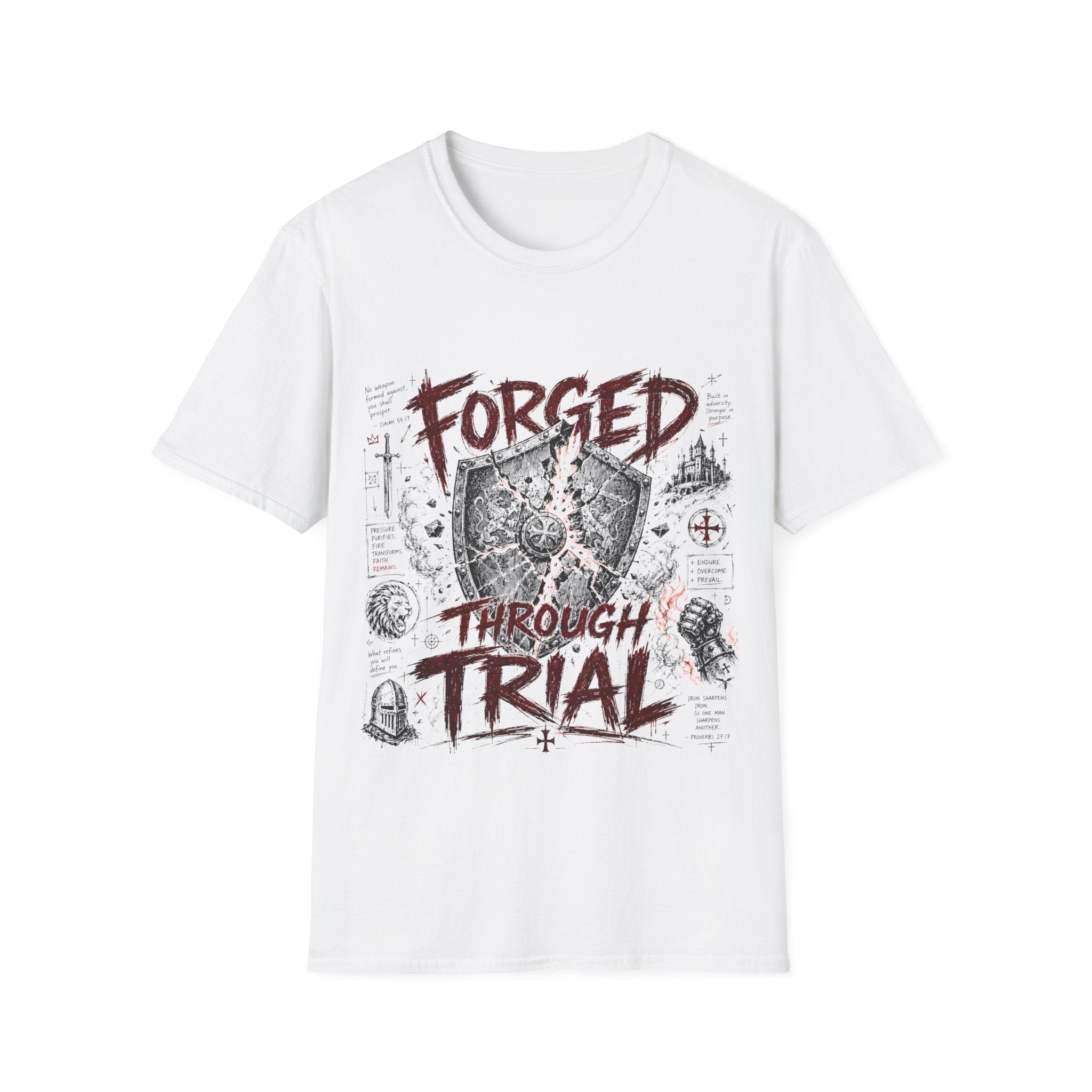 Forged Through Trial Christian Warrior Shield Iron Sharpens Iron Bible Verse Faith T-Shirt