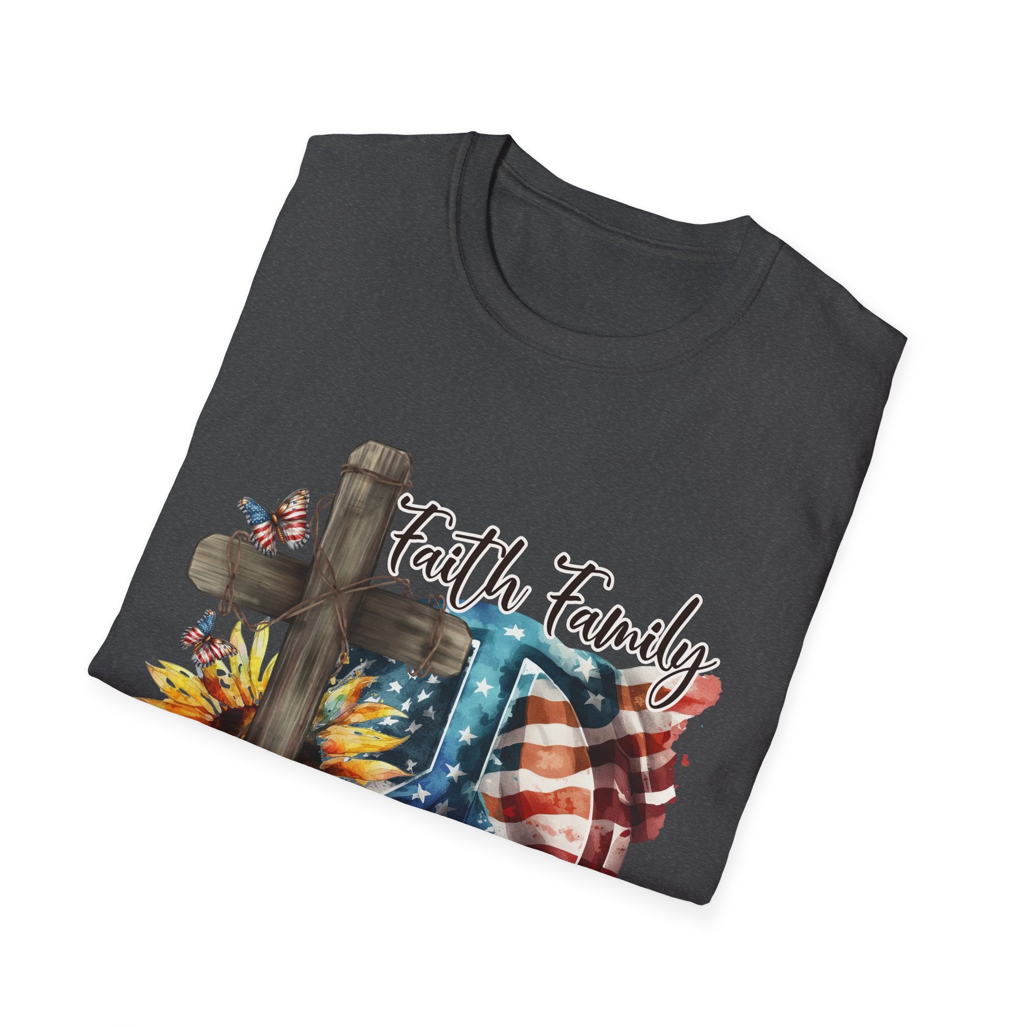 Faith Family Freedom 4th of July Independence Day Veterans Day American Flag Cross Peace Sunflowers T-Shirt