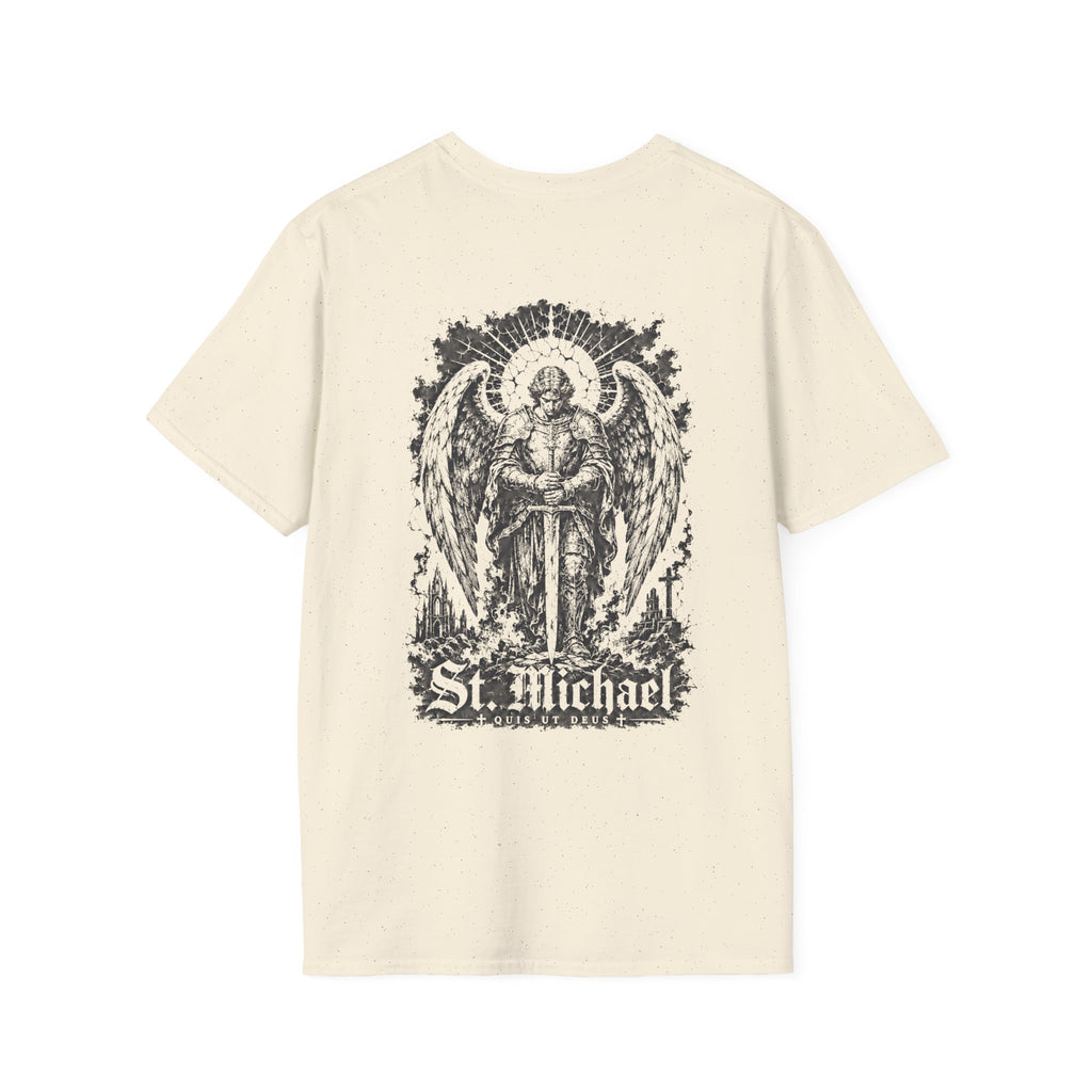BACKPRINT St Michael Quis Ut Deus Archangel Warrior Christian Spiritual Warfare Protector Artwork T-Shirt
