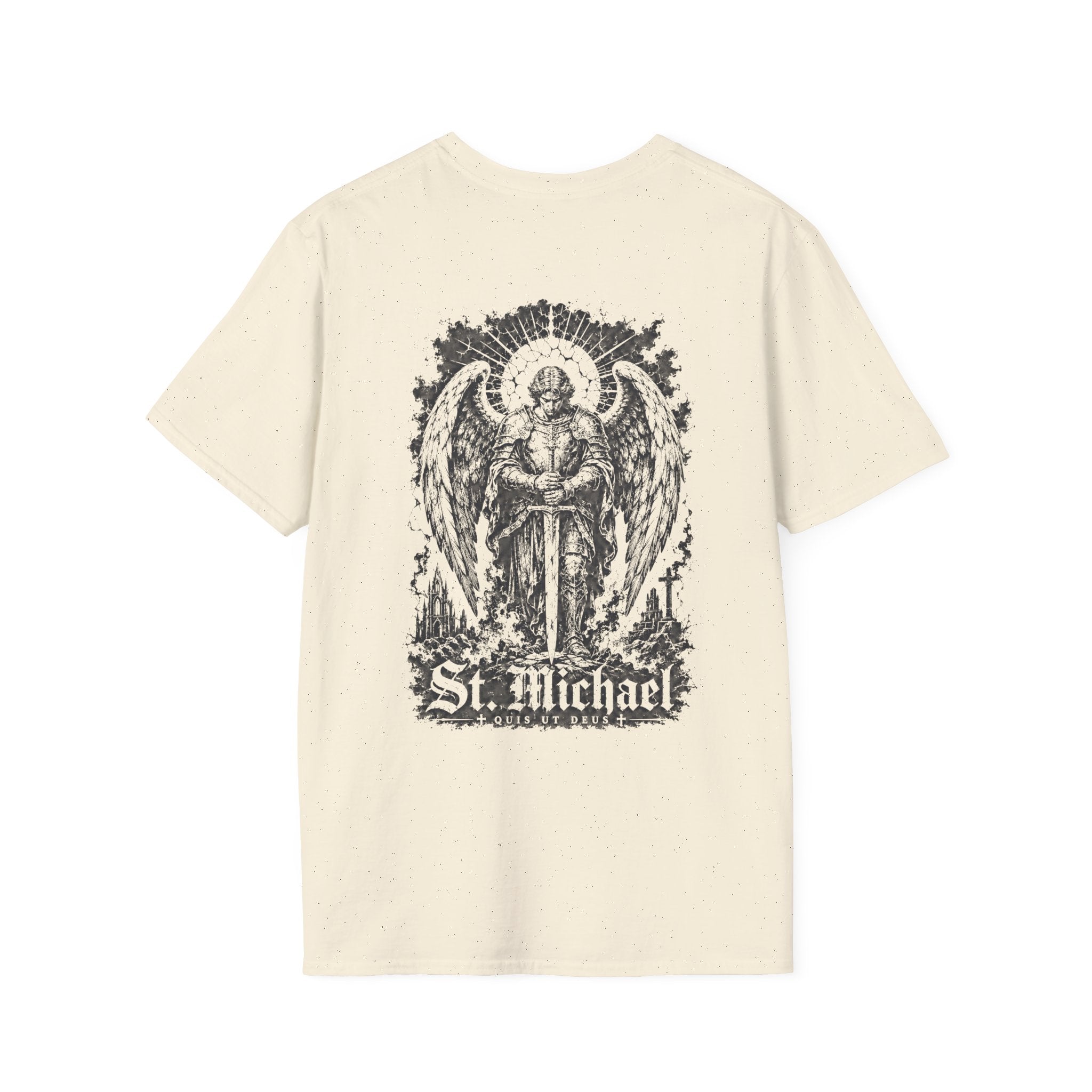 BACKPRINT St Michael Quis Ut Deus Archangel Warrior Christian Spiritual Warfare Protector Artwork T-Shirt