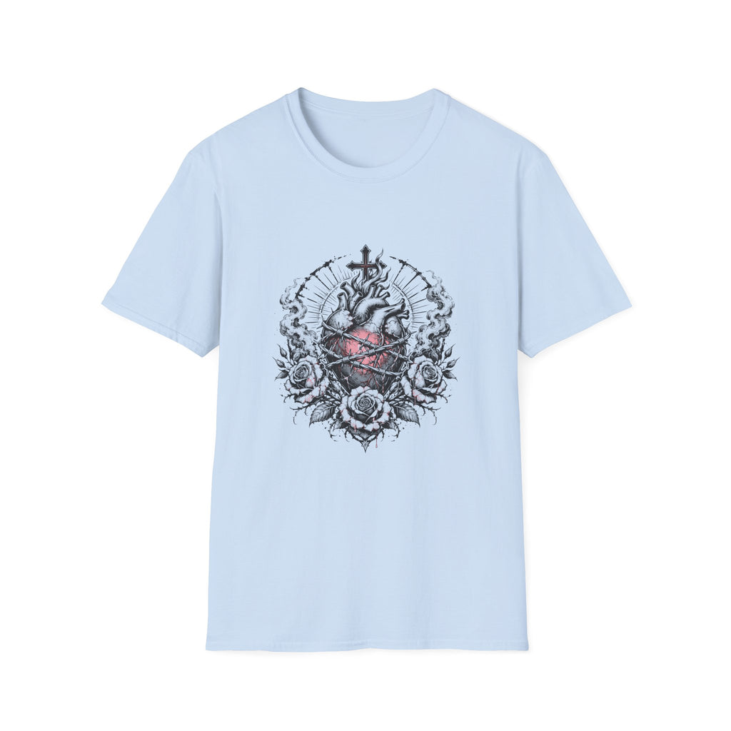 Sacred Heart Barbed Wire Cross Dark Roses Anatomical Heart T-Shirt