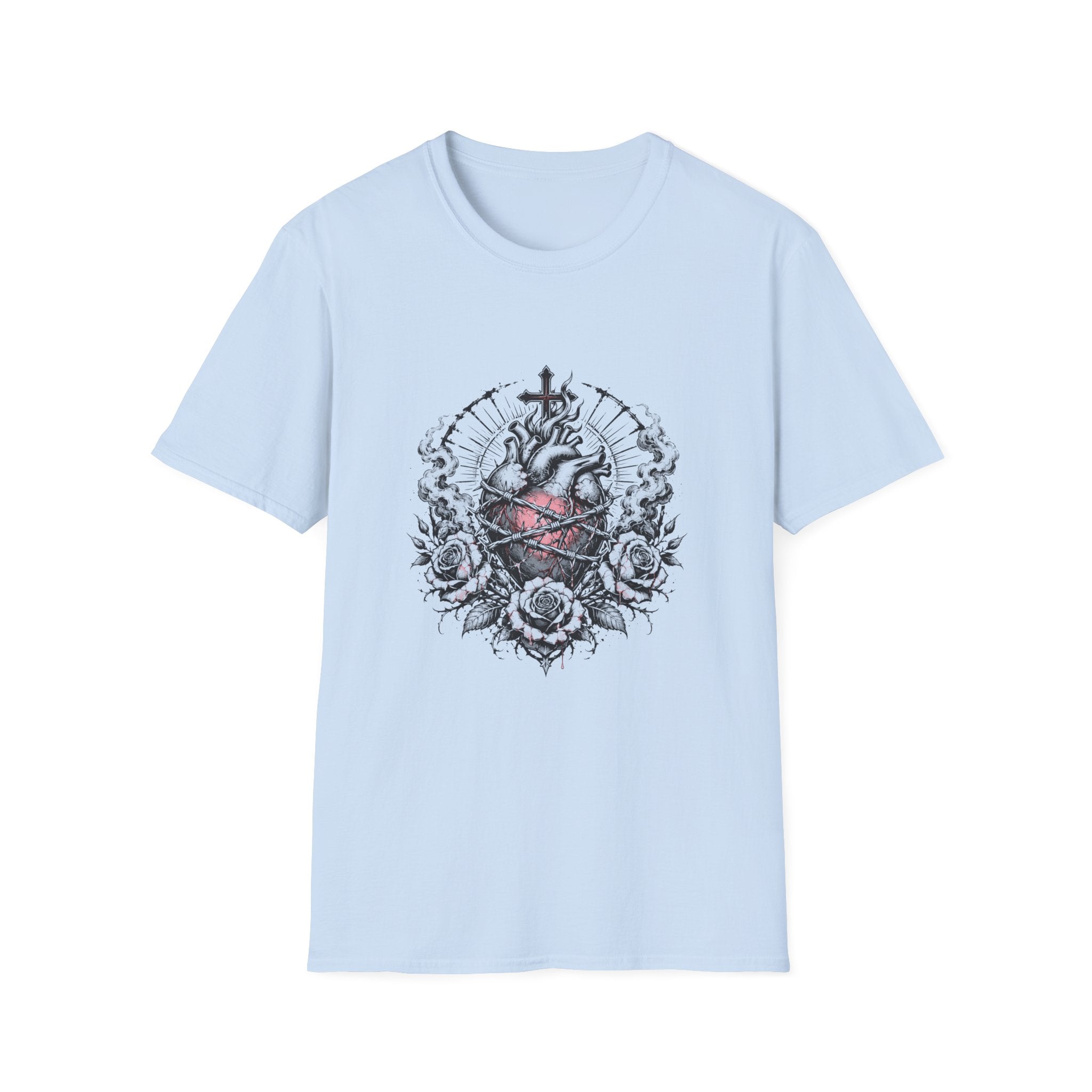 Sacred Heart Barbed Wire Cross Dark Roses Anatomical Heart T-Shirt