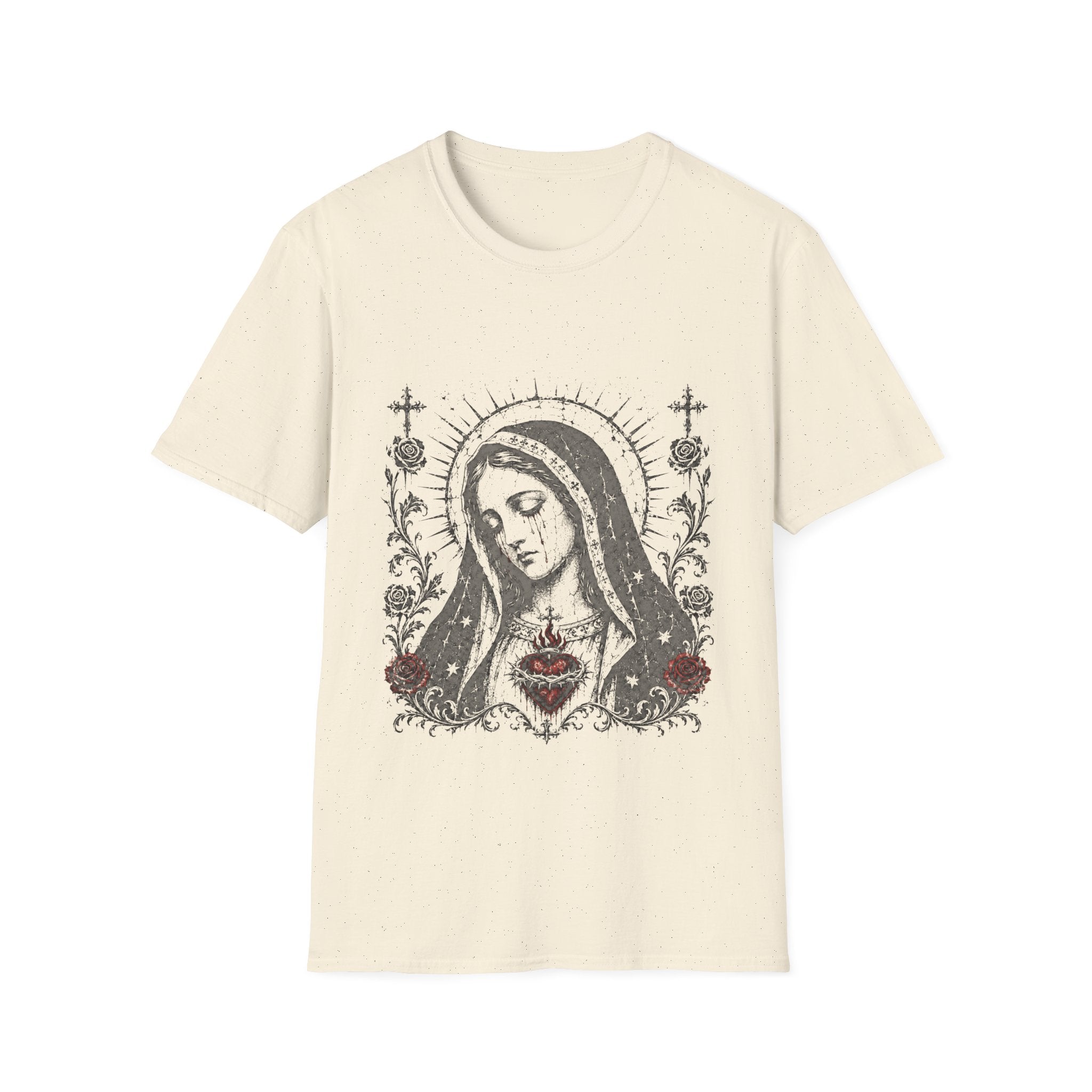 Virgin Mary Sacred Heart Gothic Catholic Dark Mother Mary Icon With Roses And Halo T-Shirt