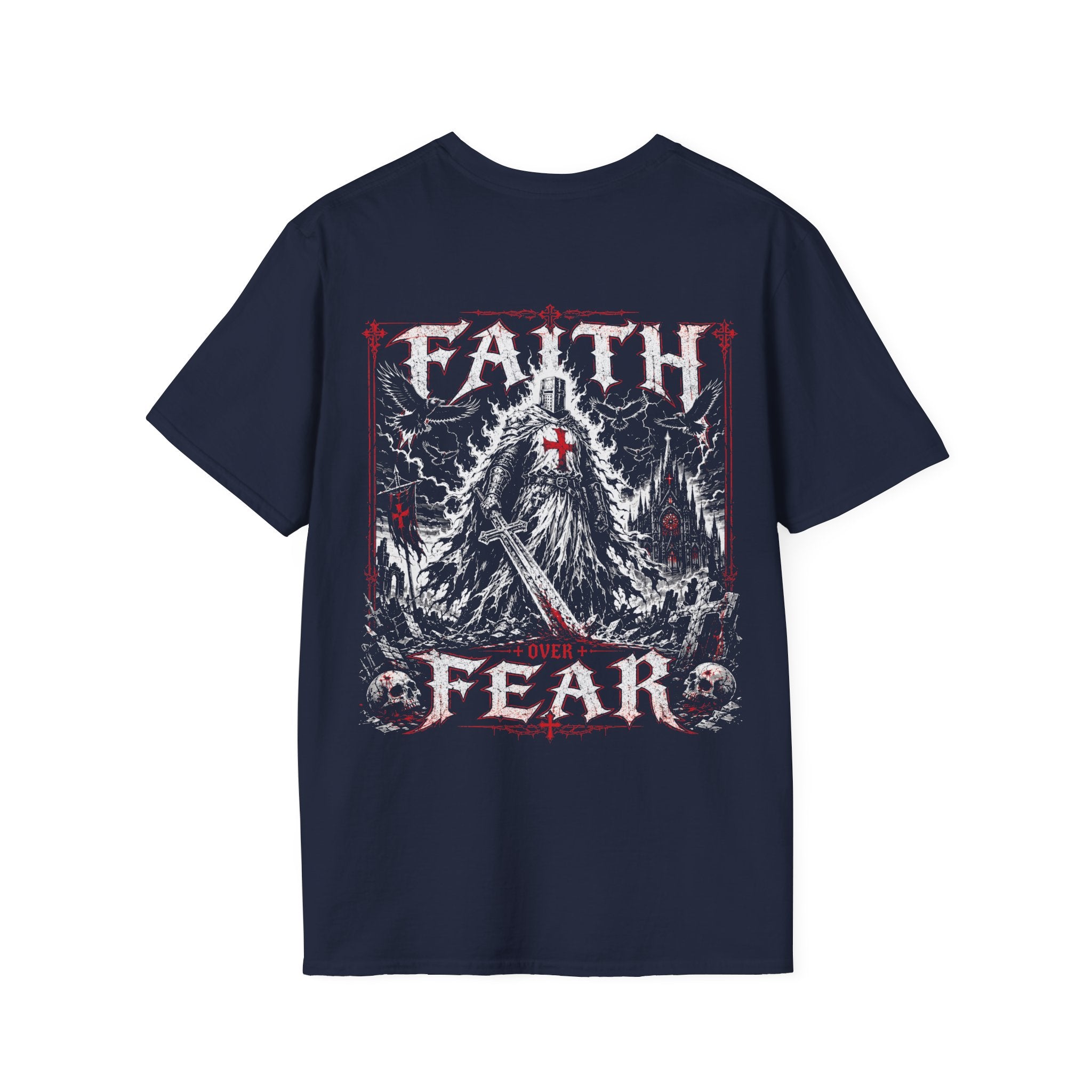 Faith Over Fear Christian Warrior Knight With Cross Storm Gothic Crusader Art Faith Over Fear Scripture Theme T-Shirt