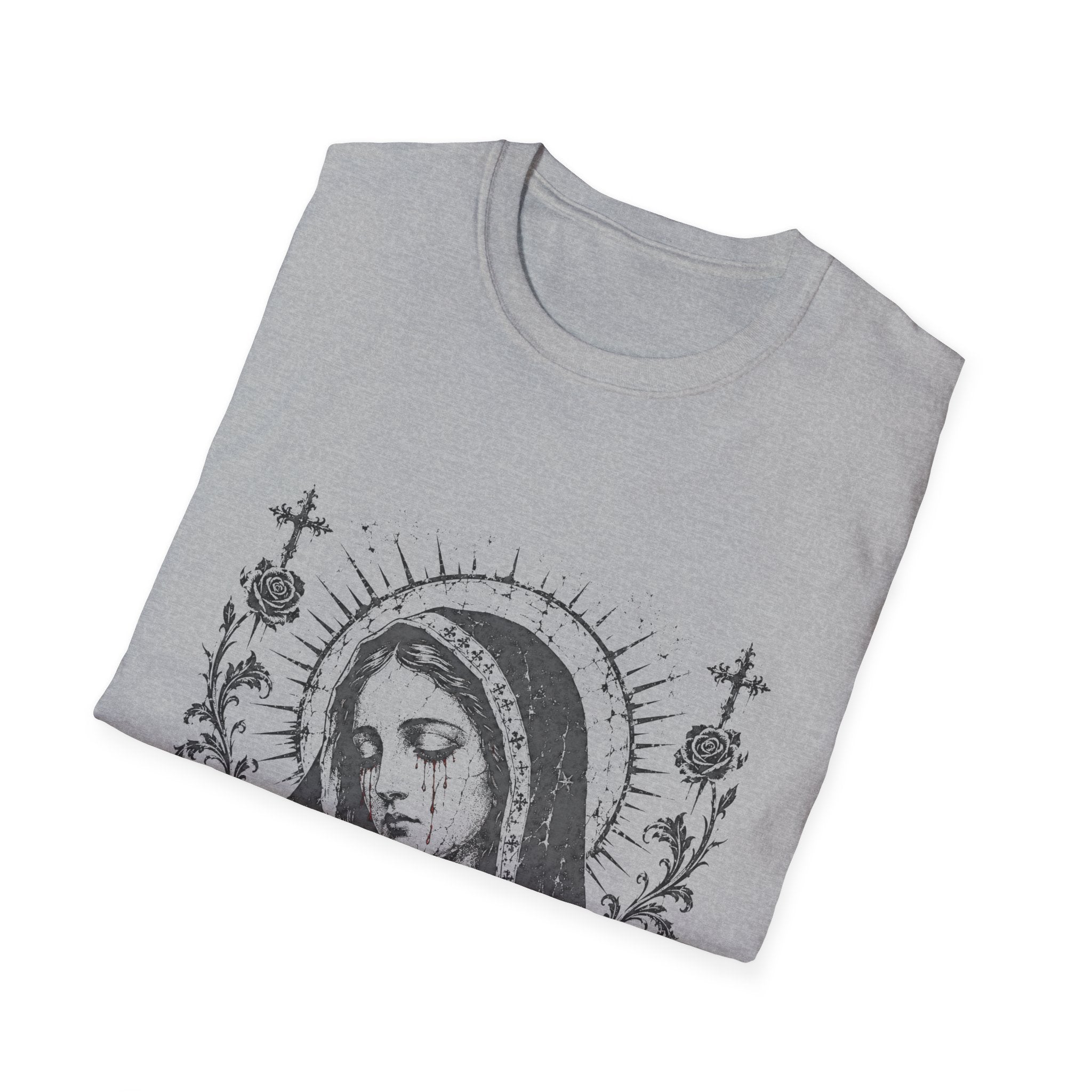 Virgin Mary Sacred Heart Gothic Catholic Dark Mother Mary Icon With Roses And Halo T-Shirt